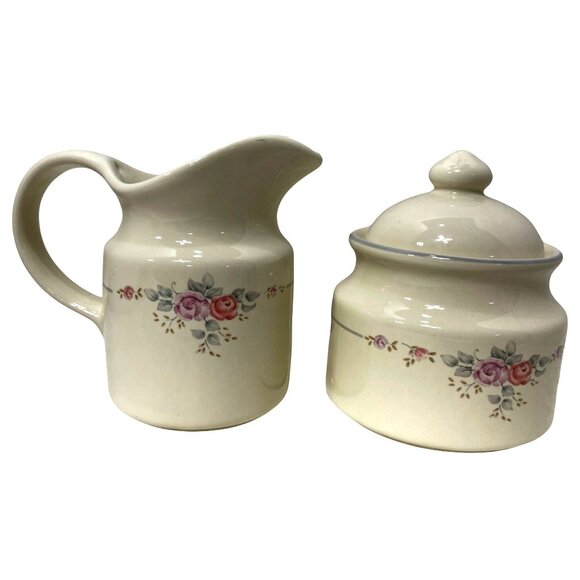 Pfaltzgraff Floral Creamer & Sugar Set Lid Pastel Roses Trousseau Retired - Picture 1 of 4